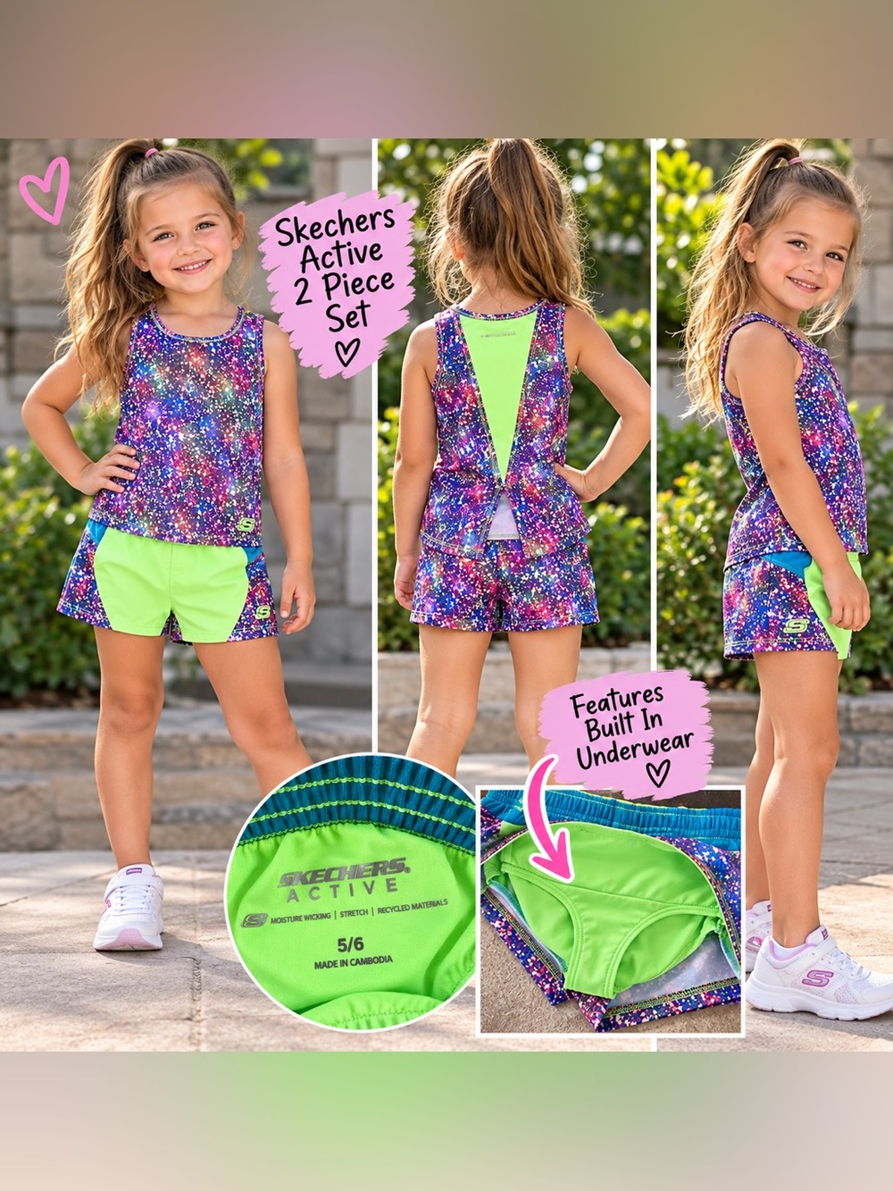 Skechers Active Girls’ 2-Piece Athletic Set – Size 5/6 💜💚